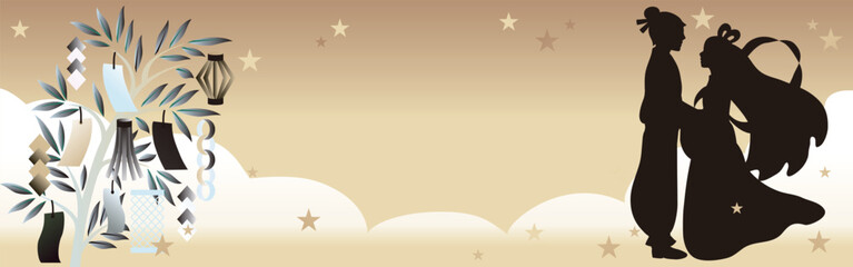 バナー　七夕　織姫　彦星　シルエット　夏　背景　コピースペース　デザイン　テンプレート　イラスト素材