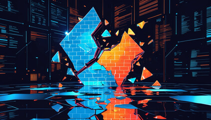 Shattered firewall with fragmented data and neon light reflections, cyber vulnerability concept