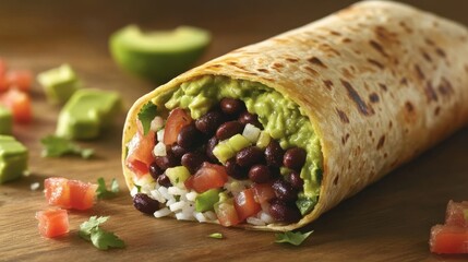 A hearty vegetarian burrito with black beans, rice, and guacamole. Featuring flavor and nutrition