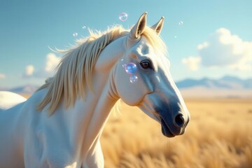 Obraz premium A majestic white horse grazes peacefully in a sun-drenched field, ethereal bubbles floating gently around its head, a serene and whimsical scene.