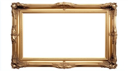 A vintage gold picture frame with intricate designs, empty and isolated on a white background.