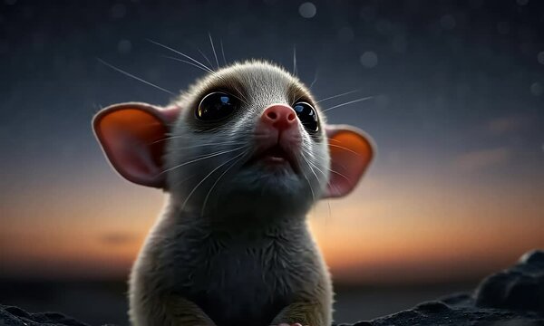 Looking Up At Starry Night Sky Adorable Creature On Rocky Terrain