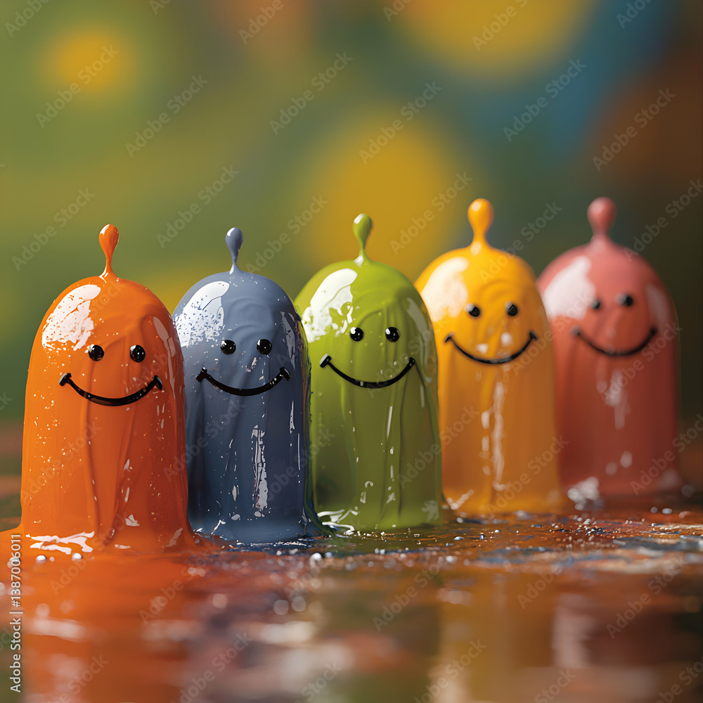 Aufkleber five colorful paint blobs with happy faces