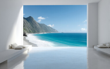 Coastal view with mountains and crystal clear waters in a modern interior setting
