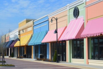 Chic Pastel Strip Mall Featuring Awnings and a Stylish Corner Clock Tower