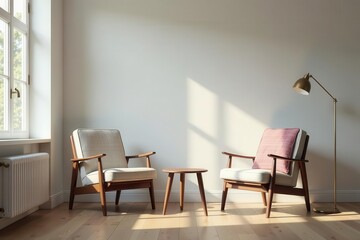 Fototapeta premium Serene Living Room with Mid-Century Modern Armchairs and a Simple Side Table, Bathed in Warm Sunlight