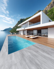 Fototapeta premium Modern villa with infinity pool overlooking serene waters and mountains during daylight