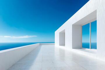 Modern architecture overlooks serene ocean view on a sunny day