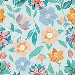 Bright floral pattern featuring colorful flowers and leaves on a light background perfect for textile design or home decor Generative AI