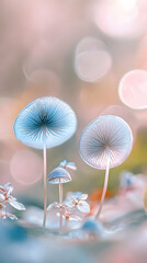 Glowing Blue Mushrooms in a Pastel Floral Setting