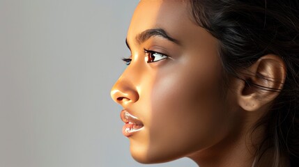 Naklejka premium Side view Portrait closeup Indian young woman model on white background