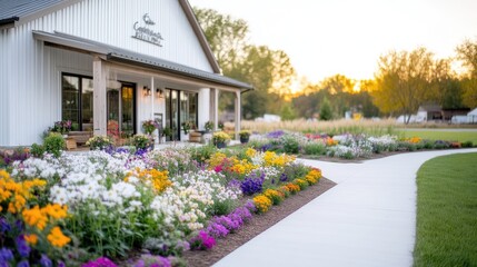 A white farmhouse, featuring a sign, sits beside a vibrant flower garden. A paved walkway leads to it. The scene is well-lit, high-resolution, and features a calm, idyllic aesthetic. Warm sunset colo