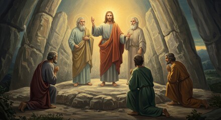 The Transfiguration scene depicted in a classical painting style art with a golden glow