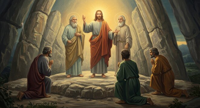 The Transfiguration scene depicted in a classical painting style art with a golden glow