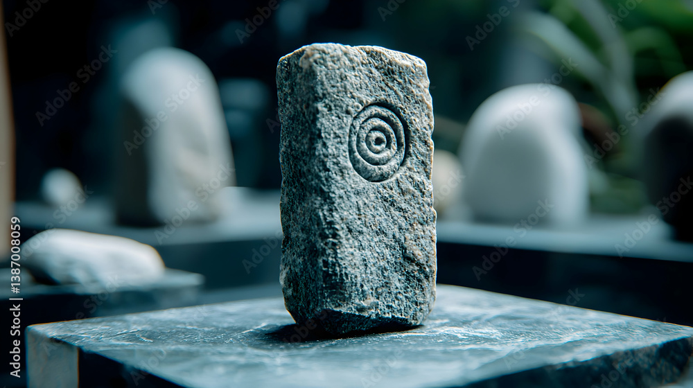 Poster grey stone carving with circular pattern on dark background