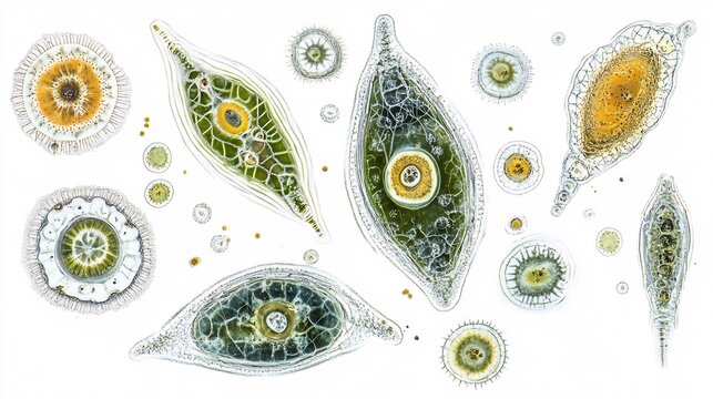Types of protists swimming water digitally illustrated with microscopic accuracy isolated on a white background