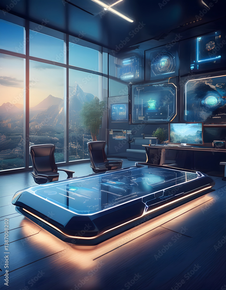 Poster a futuristic office space with advanced technology, large windows showing mountains, and sleek furni