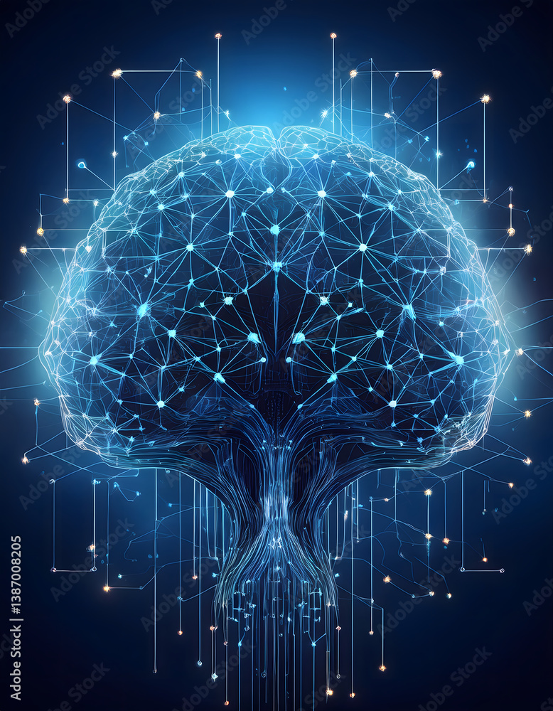Aufkleber A futuristic depiction of a brain made of interconnected lines and nodes, symbolizing neural networks and artificial intelligence