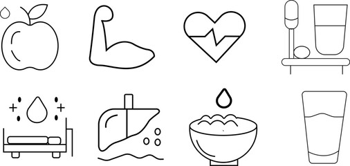 WebSet of wellness vector icons including meditation, yoga, spa, mental health, nutrition, fitness, and balance symbols, transparent background.