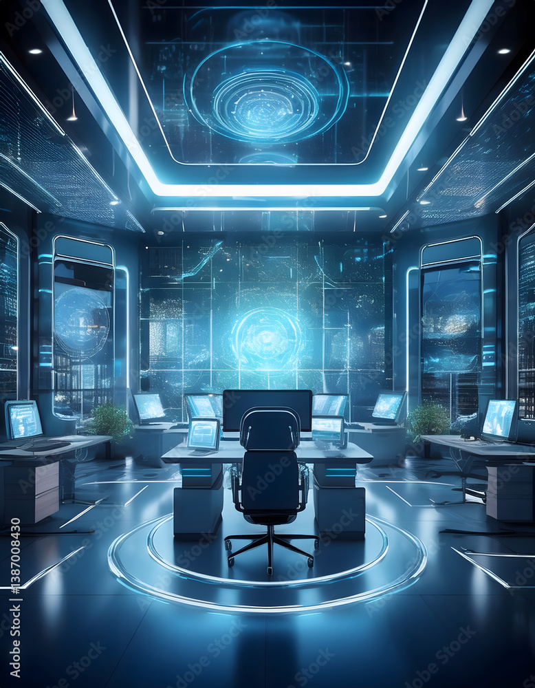 Aufkleber A futuristic office space with glowing elements and multiple computer workstations, creating a high-tech, immersive environment