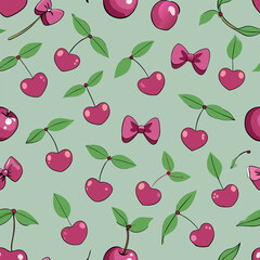 Fun cherry and bow patterned fabric design with vibrant colors and playful elements showcasing a lively aesthetic Generative AI