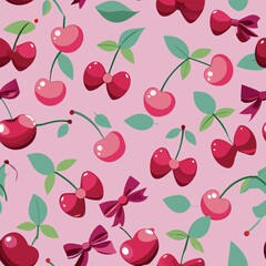 Colorful cherry and bow pattern on a pink background creating a vibrant and cheerful design suitable for various projects Generative AI