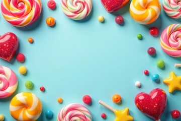 A Delightful Arrangement of Colorful Swirled Lollipops and Assorted Candies on a Light Blue Background