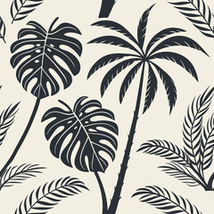 Tropical plant design featuring palm leaves and monstera leaves in a monochromatic pattern on a light background Generative AI