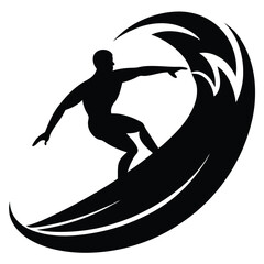 Surfer Silhouette Riding Massive Wave Black And White Vector Illustration.