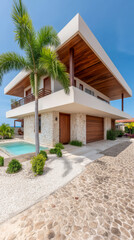 Fototapeta premium Modern villa with pool and landscaped garden in sunny tropical location