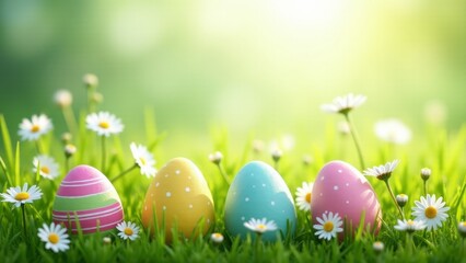 Fototapeta premium Painted Easter Eggs Among Daisy Flowers