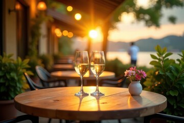 Golden Hour Relaxation Two Wine Glasses on a Wooden Table at an Outdoor Patio with Sunset View