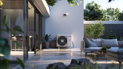 A white air conditioner unit is mounted on a brick wall