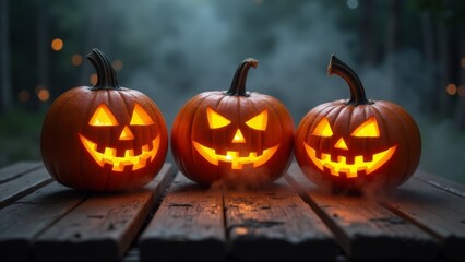 Obraz premium Three Jack-O'-Lanterns On Wooden Table, Halloween