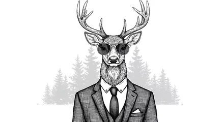 Fototapeten Stylish Deer in a Suit: Hand-Drawn Illustration Against a Forest Backdrop AI Generated © VuongThien