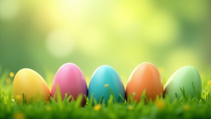 Colorful Easter Eggs On Grass, Spring