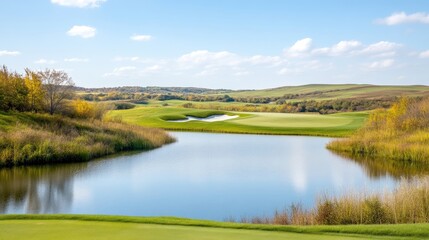 Scenic golf course landscape with a tranquil lake. Lush green fairways and a gently sloping landscape. Autumn colors in the background