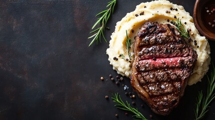 A juicy steak with roasted garlic mashed potatoes. Featuring richness and indulgence
