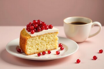 A delectable slice of sponge cake, topped with creamy frosting and vibrant red berries, served on an elegant plate alongside a cup of coffee, creating a perfect moment of simple indulgence.