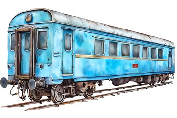 Fototapeta premium Vintage Blue Train Car on Railway Tracks with Artistic Watercolor Style