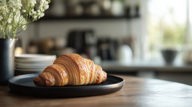 A perfectly baked croissant with a golden, flaky crust. Featuring indulgence and simplicity