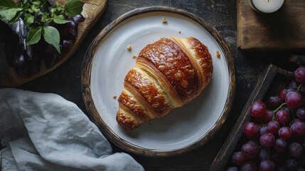 A perfectly baked croissant with a golden, flaky crust. Featuring indulgence and simplicity