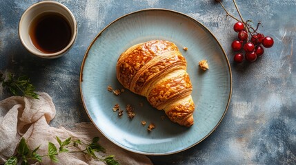 A perfectly baked croissant with a golden, flaky crust. Featuring indulgence and simplicity