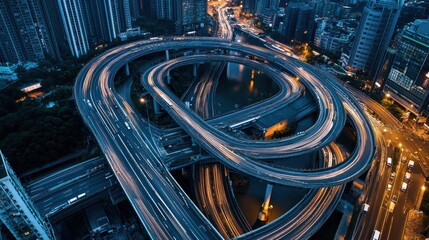 Night Traffic, Cityscape, Aerial View of Complex Highway Interchange