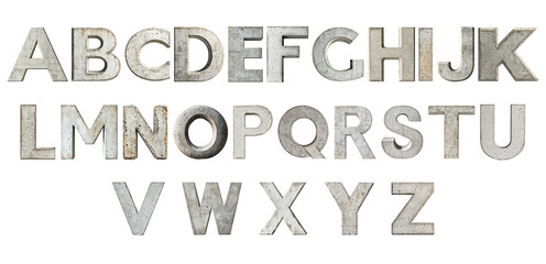 Concrete alphabet letters building multilingual words, standing on transparent surface, supporting graphic design creativity