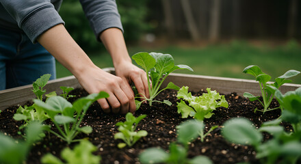 Young greens being planted in raised garden bed, close-up on hands and rich soil.