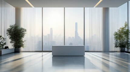 A bright and airy office with an empty podium in the foreground, a desk, and large windows showing the skyline 