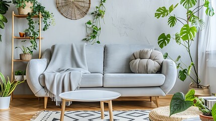 Modern living room interior with comfortable grey sofa and houseplants