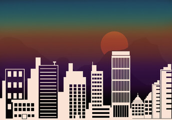Flat downtown town with houses, windows and roofs. City skyline view background.  