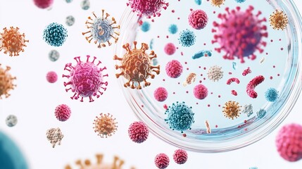 Fototapeta premium Different types of viruses floating a petri dish digitally illustrated with high detail isolated on a white background